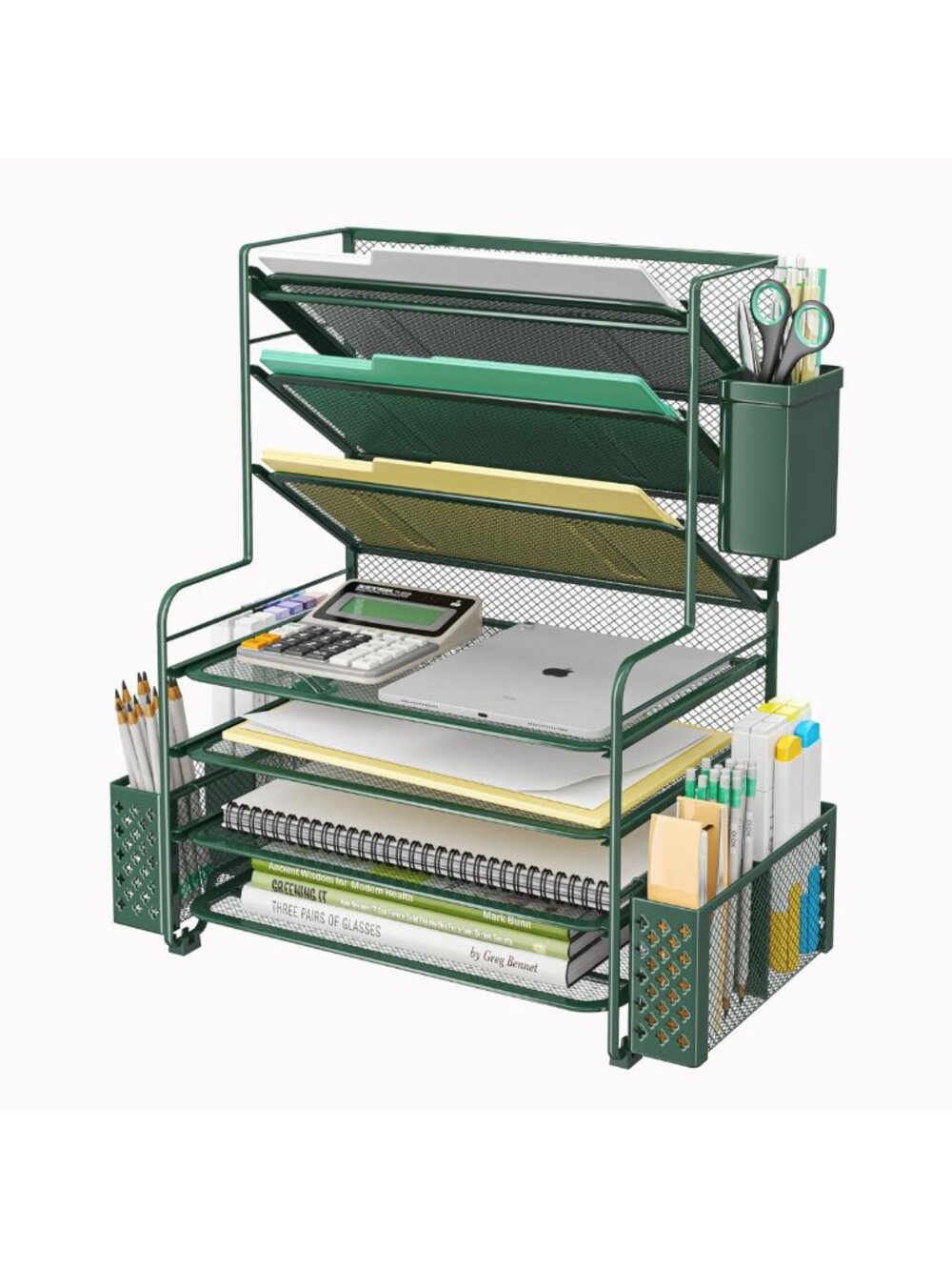 7-Tier Desk File Organizer with Pen Holder & Metal Basket - Green Paper Tray